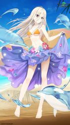 Rule 34 | 1girl, bad link, beach, bikini, blue sky, breasts, clothes lift, collarbone, contrapposto, copyright name, date a live, day, dolphin, ellen mira mathers, expressionless, floral print, flower, full body, head tilt, hibiscus, highres, holding, holding surfboard, looking at viewer, medium breasts, ocean, orange bikini, purple eyes, sarong, sarong lift, sky, solo, standing, surfboard, swimsuit, tagme, tsunako, water drop