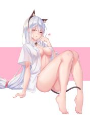 Rule 34 | 1girl, absurdres, animal ear fluff, animal ears, arknights, arm support, ass, barefoot, bell, black choker, black hairband, breasts, cat ears, cat tail, chinese commentary, choker, commentary request, fake animal ears, hair between eyes, hairband, hand up, heart, highres, jingle bell, long hair, looking at viewer, low-tied long hair, medium breasts, naked shirt, neck bell, open clothes, open shirt, parted lips, red eyes, shirt, short sleeves, sidelocks, silver hair, sing shuixing, sitting, skadi (arknights), solo, tail, thighs, very long hair, white background, white shirt, wing collar