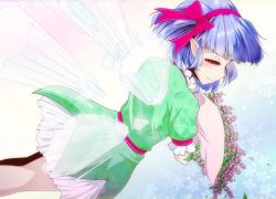 Rule 34 | 1girl, bad id, bad pixiv id, blue hair, bouquet, bow, dutch angle, elfin mint, flower, hairband, kanenoya, looking back, original, pink bow, pointy ears, red eyes, short hair, skirt, smile, solo, the last comer, touhou, wings