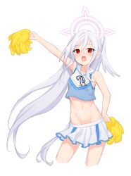 Rule 34 | 1girl, absurdres, alternate costume, alternate hairstyle, armpit crease, bare arms, bare legs, blue archive, blue skirt, blush, cheerleader, commentary, contrapposto, cowboy shot, crop top, drawfag, english commentary, grey hair, halo, head wings, highres, long hair, midriff, miniskirt, mole, mole under eye, navel, open mouth, pom pom (cheerleading), red eyes, revision, sailor collar, simple background, single head wing, skirt, solo, standing, stomach, suzumi (blue archive), transparent background, two-tone skirt, very long hair, white sailor collar, white skirt, wings