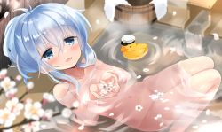Rule 34 | 1girl, blue eyes, blush, collarbone, completely nude, flower, hair between eyes, hibiki (kancolle), highres, hizuki yayoi, kantai collection, long hair, looking at viewer, navel, nude, onsen, open mouth, partially submerged, petals, rubber duck, silver hair, smile, solo, towel, white flower, white towel
