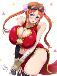 Rule 34 | 1girl, blue eyes, blush, breast hold, breasts, bursting breasts, china dress, chinese clothes, cleavage, double bun, dress, covered erect nipples, gintama, highres, huge breasts, kagura (gintama), long hair, looking at viewer, mikanberry, navel, open mouth, orange hair, grabbing own breast, solo, twintails, wide hips