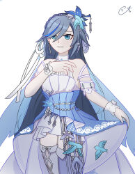 Rule 34 | 1girl, angdyuangdyu, bare shoulders, bird hair ornament, blue eyes, blue hair, bow, closed mouth, dress, earrings, fu hua, fu hua (azure empyrea), fu hua (cerulean court), grey hair, hair between eyes, hair bow, hair ornament, halter dress, halterneck, honkai (series), honkai impact 3rd, jewelry, light smile, long hair, looking at viewer, multicolored clothes, multicolored dress, official alternate costume, simple background, single earring, sleeveless, sleeveless dress, solo, thigh bow, thighhighs, wedding dress, white background, white bow, white dress, white thighhighs