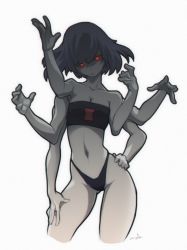Rule 34 | 1girl, arthropod girl, bare shoulders, black hair, black panties, breasts, cleavage, collarbone, colored skin, commentary, contrapposto, cropped legs, english commentary, extra arms, gluteal fold, grey skin, hand on own hip, head tilt, highleg, highleg panties, highres, looking at viewer, medium breasts, medium hair, monster girl, navel, original, panties, red eyes, slivokuch, solo, standing, strapless, toned, tube top, underwear, white background