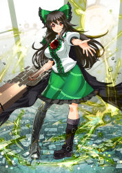 Rule 34 | 1girl, arm cannon, asymmetrical footwear, bird wings, black hair, black wings, boots, bow, breasts, broken ground, energy ball, hair bow, large breasts, looking at viewer, armored boots, mismatched footwear, puffy short sleeves, puffy sleeves, red eyes, reiuji utsuho, shirt, short sleeves, skirt, smile, solo, third eye, touhou, umigarasu (kitsune1963), weapon, wings