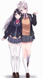 Rule 34 | 2girls, bad id, bad twitter id, black hair, blue eyes, blush, bow, bowtie, cardigan, commentary, hair bow, hair ornament, height difference, highres, higuchi kaede, higuchi kaede (1st costume), jacket, loafers, long hair, long sleeves, looking at viewer, misumi (macaroni), mole, mole under eye, multiple girls, necktie, nijisanji, open clothes, open jacket, parted lips, pink neckwear, ponytail, purple eyes, purple neckwear, school uniform, shoes, silver hair, sleeves past wrists, smile, thighhighs, thighs, tsukino mito, tsukino mito (1st costume), very long hair, virtual youtuber, white bow, zettai ryouiki