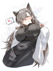 Rule 34 | 1girl, absurdres, animal ears, arknights, black nails, black skirt, black sweater, blush, breasts, commentary request, covered navel, fingernails, grey hair, hands up, heart, high-waist skirt, highres, horn/wood, jacket, large breasts, long hair, mole above eye, nail polish, nose blush, official alternate costume, open clothes, open jacket, penance (arknights), penance (occasionally flushed) (arknights), ribbed sweater, simple background, skirt, solo, spoken heart, sweater, turtleneck, turtleneck sweater, upper body, white background, white jacket, wolf ears, wolf girl, yellow eyes