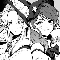 2girls :/ bow bowtie closed_mouth collared_shirt commentary_request cup fedora flat_cap frilled_hat frills greyscale hat hat_ornament holding holding_cup jacket_girl_(dipp) label_girl_(dipp) laspberry. long_hair long_sleeves looking_at_another mandarin_collar monochrome multiple_girls neck_ribbon parted_bangs ribbon shirt smile star_(symbol) star_hat_ornament touhou upper_body