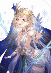 Rule 34 | 1girl, bare shoulders, breasts, circlet, cleavage, cowboy shot, djeeta (granblue fantasy), dress, granblue fantasy, highres, iatromantis (granblue fantasy), looking at viewer, medium breasts, open mouth, revealing clothes, shiromimin, short hair, smile, solo, veil, white dress, yellow eyes