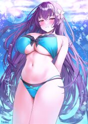 Rule 34 | 1girl, arms behind back, artist name, bikini, blue background, blue bikini, blue eyes, blush, breasts, bubble, fate/grand order, fate (series), flower, frown (wonderland85711), hair flower, hair ornament, large breasts, long hair, navel, purple hair, red eyes, scathach (fate), scathach skadi (swimsuit ruler) (fate), scathach skadi (swimsuit ruler) (final ascension) (fate), skindentation, smile, swimsuit