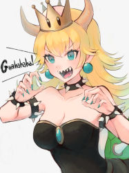 Rule 34 | &gt;:d, 1girl, :d, aqua nails, armlet, bare shoulders, black dress, blonde hair, blue eyes, bowsette, bracelet, breasts, claws, cleavage, collar, collarbone, commentary request, crown, dress, earrings, evil laughing, evil smile, female focus, fingernails, gem, grey background, hands up, horns, jewelry, large breasts, laughing, long hair, mario (series), monster girl, nail polish, neck, new super mario bros. u deluxe, nintendo, open mouth, pabo, pointy ears, blue gemstone, sharp fingernails, sharp teeth, shell, simple background, smile, solo, spiked armlet, spiked bracelet, spiked collar, spiked shell, spikes, strapless, strapless dress, super crown, teeth, turtle shell, upper body, v-shaped eyebrows