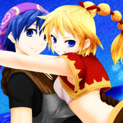 Rule 34 | 1boy, 1girl, anniversary, bandages, bandana, belt, blonde hair, blue eyes, blue hair, blush, braid, breasts, chrono cross, cleavage, facial mark, gloves, hair ribbon, high ponytail, jewelry, kid (chrono cross), long hair, looking at viewer, medium breasts, midriff, multi-tied hair, necklace, open mouth, ponytail, ribbon, serge (chrono cross), short hair, simple background, skirt, smile, stomach, thighs, vest, watarui