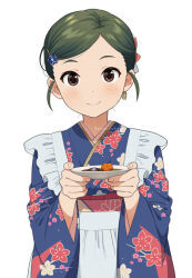 Rule 34 | 1girl, apron, blue kimono, blush, brown eyes, closed mouth, earrings, floral print, food, frilled apron, frills, green hair, hair ornament, hairclip, holding, holding plate, idolmaster, idolmaster cinderella girls, idolmaster cinderella girls starlight stage, japanese clothes, jewelry, kimono, long sleeves, mattaku mousuke, plate, short hair, shuto aoi, simple background, smile, solo, twitter username, white apron, white background