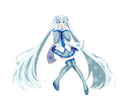 Rule 34 | 1girl, bare shoulders, blue eyes, blue hair, blue necktie, boots, detached sleeves, full body, grey sleeves, grey thighhighs, hair ornament, hand to own mouth, hands up, hatsune miku, highres, light blue hair, long hair, looking at viewer, mittens, mizuamemochimochi, necktie, open mouth, pleated skirt, scarf, shirt, silver skirt, skirt, snowflake print, solo, surprised, thigh boots, thighhighs, twintails, very long hair, vocaloid, white background, white mittens, white scarf, white shirt, yuki miku, yuki miku (2011), zettai ryouiki
