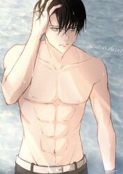 Rule 34 | 1boy, abs, absurdres, belt, black hair, collarbone, commentary request, frown, grey eyes, hand in own hair, hand on own head, highres, levi (shingeki no kyojin), male focus, navel, partially submerged, shingeki no kyojin, sirius 0905hz, solo, sunlight, toned, toned male, topless male, twitter username, water, white belt