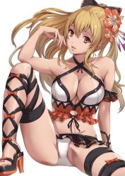 Rule 34 | 10s, 1girl, ankle lace-up, arm support, bikini, black bow, blonde hair, bow, breasts, cleavage, collarbone, criss-cross halter, cross-laced footwear, feet, female focus, finger to mouth, fingernails, flower, frilled bikini, frills, granblue fantasy, hair bow, hair flower, hair ornament, halterneck, hibiscus, high heels, knee up, large breasts, light smile, long fingernails, long hair, looking at viewer, open mouth, orange bow, panties, parted lips, ponytail, red eyes, sakiyamama, sandals, shoes, simple background, sitting, smile, solo, spread legs, swimsuit, thighhighs, toeless footwear, toes, underwear, vira (granblue fantasy), white background, white bikini