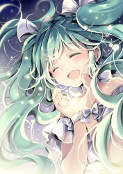 Rule 34 | 1girl, anniversary, aqua hair, bdsm, blush, bound, bound wrists, bow, dress, dutch angle, frilled dress, frills, hair bow, hair ornament, happy, hatsune miku, light, long hair, messy hair, natsume eri, open mouth, own hands together, smile, solo, twintails, upper body, vocaloid, white bow, white dress