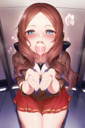 Rule 34 | 1girl, black bow, blue eyes, blue neckerchief, blush, bow, breasts, brown hair, brown shirt, cum, cum in mouth, cum on tongue, cupping hands, fate/grand order, fate (series), forehead, hair bow, headphones, highres, leonardo da vinci (active sailor) (fate), leonardo da vinci (fate), leonardo da vinci (fate/grand order), leonardo da vinci (rider) (fate), long hair, looking at viewer, m-da s-tarou, neckerchief, open mouth, own hands together, parted bangs, ponytail, puff and slash sleeves, puffy short sleeves, puffy sleeves, red skirt, sailor collar, shirt, short sleeves, sitting, skirt, small breasts, solo, thighs, tongue, tongue out, white sailor collar