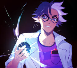 Rule 34 | 1boy, black background, blue eyes, breast pocket, cb9 sn1, commentary request, creatures (company), dark-skinned male, dark skin, game freak, gen 4 pokemon, glasses, glowing, grin, hexagonal eyewear, highres, holding, holding poke ball, jacq (pokemon), lab coat, looking at object, male focus, multicolored hair, nintendo, pocket, poke ball, pokemon, pokemon sv, purple hair, purple shirt, rotom, rotom phone, shirt, short hair, sleeves rolled up, smile, solo, striped clothes, striped shirt, teeth, terastallization, two-tone hair