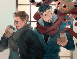 Rule 34 | 2boys, belt, black hair, black jacket, black sweater, blue belt, blue coat, blue eyes, brown eyes, brown hair, buttons, chinese commentary, cloak, closed mouth, coat, coffee cup, commentary request, creature, cup, disposable cup, doctor strange, facial hair, gem, green gemstone, grey hair, grey scarf, grey shirt, hand up, holding, holding cup, jacket, kottie, long sleeves, looking at another, looking to the side, male focus, marvel, marvel cinematic universe, multicolored hair, multiple boys, open clothes, open jacket, outdoors, red cloak, scarf, shirt, short hair, standing, sunglasses, sweater, tony stark, turtleneck, turtleneck sweater, two-tone hair, window, yellow-framed eyewear
