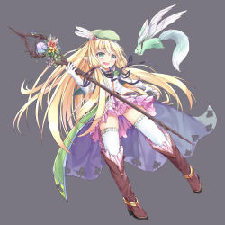Rule 34 | 1girl, blonde hair, blush, boots, elf, full body, green eyes, highres, long hair, open mouth, original, pointy ears, sa ka, simple background, smile, solo, staff, thighhighs, very long hair, white thighhighs