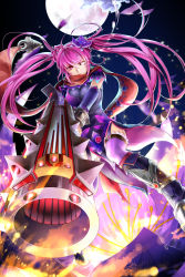 Rule 34 | 1girl, absurdres, aiming, arm warmers, boots, flower, full body, glowing, glowing eye, gun, hair flower, hair ornament, highres, knee boots, long hair, looking at viewer, multicolored clothes, multicolored scarf, original, print skirt, purple hair, purple skirt, purple thighhighs, red eyes, red scarf, scarf, skirt, solo, soucl, thighhighs, twintails, weapon