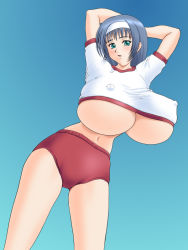 Rule 34 | 1girl, arms behind head, arms up, blue hair, breasts, buruma, covered erect nipples, gradient background, green eyes, gym uniform, headband, huge breasts, nipples, oukazero, solo, standing, underboob
