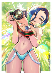 Rule 34 | 1girl, :d, arcanine, black choker, blue hair, border, breasts, brown eyes, camera, choker, creatures (company), day, game freak, gen 1 pokemon, holding, holding camera, looking at viewer, looking down, loose hair strand, mixed-language commentary, multicolored hair, navel, nintendo, open mouth, outdoors, panties, perrin (pokemon), pokemon, pokemon sv, redjet, reflection, smile, solo, teeth, topless, underwear, upper teeth only, watch, watermark, web address, white border, wristwatch