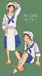 Rule 34 | 1boy, aohr/atk, apron, black hair, blue shorts, green background, hat, invisible chair, monkey d. luffy, one piece, sailor collar, sandals, scar, scar on face, shorts, simple background, sitting, smile, standing, standing on one leg, white apron, white sailor collar