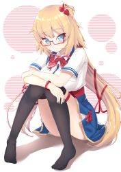 Rule 34 | 1girl, absurdres, akai haato, akai haato (1st costume), black thighhighs, blonde hair, blue eyes, blue skirt, blush, borumete, breasts, commentary request, glasses, hair ornament, hair ribbon, heart, heart hair ornament, highres, hololive, large breasts, long hair, looking at viewer, no shoes, one side up, red ribbon, ribbon, shirt, short sleeves, sitting, skirt, smile, solo, thighhighs, virtual youtuber, white shirt