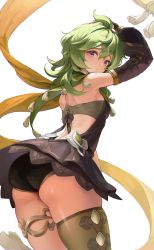 Rule 34 | 1girl, absurdres, arm up, ass, back, backless outfit, bandeau, black dress, black panties, capelet, closed mouth, collei (genshin impact), commentary, cowboy shot, detached sleeves, dress, from behind, from below, genshin impact, green capelet, green hair, green thighhighs, hand on own head, highres, long sleeves, looking at viewer, looking back, medium hair, panties, puffy long sleeves, puffy sleeves, purple eyes, simple background, single thighhigh, tassel, thighhighs, thighlet, thighs, underwear, wellsy, white background