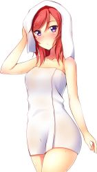 Rule 34 | 10s, 1girl, extraction, highres, long hair, looking at viewer, love live!, love live! school idol project, naked towel, nishikino maki, purple eyes, red hair, solo, towel, towel on head, transparent background, wet
