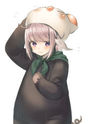 Rule 34 | 1girl, animal costume, animal ears, arm up, au ra, blush, cat mask, closed mouth, commentary request, final fantasy, final fantasy xiv, flying sweatdrops, green neckwear, hand on headwear, hand up, looking at viewer, mask, midorikawa you, pig tail, pink hair, purple eyes, simple background, solo, tail, white background