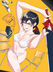 Rule 34 | bare shoulders, black hair, bra, breasts, chainsaw man, chair, eraser, highres, holding, holding sword, holding weapon, looking at viewer, medium breasts, mitaka asa, navel, panties, ponytail, ribbon, shiizuu (multi mirror), smug, sword, table, thighs, underwear, underwear only, weapon, white panties, yellow eyes