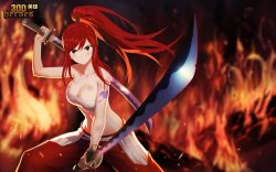 Rule 34 | 1girl, 300 heroes, bare shoulders, breasts, cleavage, dual wielding, erza scarlet, fairy tail, holding, large breasts, long hair, midriff, ponytail, red hair, sarashi, solo, sword, weapon