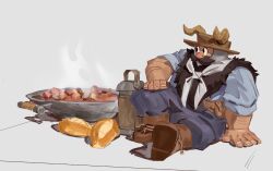 Rule 34 | 1boy, absurdres, alternate costume, beard, boots, bread, brown hair, captainpacito, cooking, dungeon meshi, dwarf, facial hair, fake horns, food, full body, hand on floor, hat, helmet, highres, horned helmet, horns, large hands, long beard, looking to the side, male focus, mustache, senshi (dungeon meshi), sitting, solo, sparse arm hair, steam, sun hat, thick mustache, very long beard, wok