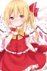 Rule 34 | 1girl, bad id, bad pixiv id, blonde hair, blush, bow, bowtie, coda (ankoprpr3700), cowboy shot, crystal, flandre scarlet, frilled skirt, frills, hair between eyes, hair bow, highres, looking at viewer, no headwear, nose blush, pointy ears, puffy short sleeves, puffy sleeves, red bow, red eyes, red skirt, red vest, short sleeves, skirt, skirt set, solo, touhou, vest, wings, yellow bow, yellow bowtie