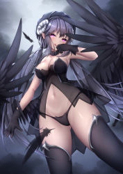 Rule 34 | 1girl, :q, armpits, bare arms, bare shoulders, beret, black choker, black gloves, black hair, black hat, black panties, black thighhighs, breasts, choker, cleavage, closed mouth, demon girl, demon horns, feathered wings, feathers, gloves, gluteal fold, groin, hat, highres, horns, long hair, looking at viewer, low twintails, medium breasts, navel, original, panties, pink eyes, pointy ears, revealing clothes, see-through, smile, solo, standing, stomach, string panties, thighhighs, thighs, tongue, tongue out, twintails, umou (may65879), underwear, very long hair, wings