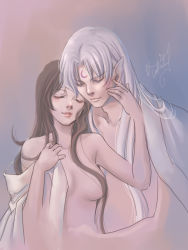 Rule 34 | 1boy, 1girl, aged up, bare shoulders, brown hair, closed eyes, couple, facial mark, forehead mark, gradient background, hair censor, hetero, inuyasha, light smile, long hair, pale color, parted lips, pointy ears, rin (inuyasha), sesshoumaru, signature, silver hair, tokiko (psychopomp), very long hair