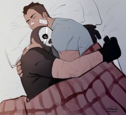 Rule 34 | 2boys, artist request, bandaid, bandaid on cheek, bandaid on face, bara, beard, call of duty, call of duty: modern warfare 2, couple, cuddling, facial hair, from above, ghost (modern warfare 2), gloves, hand on another&#039;s back, highres, hug, lying, male focus, mask, mature male, multiple boys, on bed, on side, scar, short hair, sideburns, skull mask, soap (modern warfare 2), toned, toned male, undercut, wide-eyed, yaoi