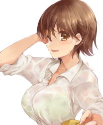 Rule 34 | 1girl, ;d, blush, bra, bra visible through clothes, breasts, brown hair, green bra, highres, honda mio, idolmaster, idolmaster cinderella girls, large breasts, looking at viewer, one eye closed, open collar, open mouth, paopao, school uniform, short hair, simple background, smile, solo, underwear, upper body, water drop, wet, wet clothes, wet hair, white background