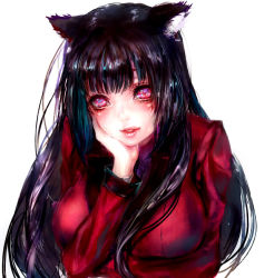 Rule 34 | 10s, 1girl, animal ears, bad id, bad pixiv id, black hair, blunt bangs, blush, breast hold, breast rest, breasts, cat ears, cat girl, facing viewer, female focus, formal, hand on own cheek, hand on own face, hime cut, jabami yumeko, jacket, kakegurui, large breasts, lips, long hair, looking at viewer, messy hair, parted lips, red eyes, red suit, saiun hanatsubasa, simple background, solo, suit, suit jacket, upper body, white background