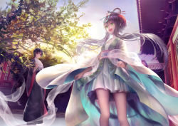 Rule 34 | architecture, chopsticks, crossdressing, day, east asian architecture, green eyes, hair ornament, hand fan, long hair, luo tianyi, mayoimayoi, outdoors, pink eyes, short hair with long locks, silver hair, traditional clothes, vocaloid, yuezheng ling