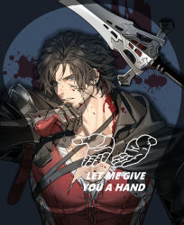 Rule 34 | 1boy, black cloak, black hair, blood, blood splatter, blue eyes, breast mousepad, clive rosfield, cloak, earrings, facial hair, facial scar, fan mu zhang, final fantasy, final fantasy xvi, highres, jewelry, male focus, messy hair, metal gloves, mousepad, parted lips, pectorals, red vest, scar, scar on cheek, scar on face, shirt, short hair, single earring, solo, stubble, sword, torn clothes, upper body, vest, weapon, white shirt, wiping mouth
