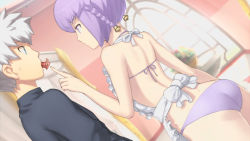 Rule 34 | 1boy, 1girl, aoto (ar tonelico), apron, ar tonelico, ar tonelico iii, ass, back, backless outfit, bare shoulders, bikini, blue eyes, blurry, bow, braid, curtains, depth of field, dutch angle, eating, feeding, flower, food, food art, frilled apron, frills, from behind, game cg, gust, hair ornament, index finger raised, indoors, looking at another, mouth hold, nagi ryou, nearly naked apron, official art, profile, purple bikini, purple eyes, purple hair, screencap, short hair, sweatdrop, swimsuit, tako-san wiener, tilia (ar tonelico), twin braids, white hair, window