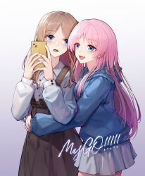 Rule 34 | 2girls, :d, bang dream!, bang dream! it&#039;s mygo!!!!!, blue eyes, blue hoodie, brown hair, brown skirt, buttons, cellphone, chihaya anon, collared shirt, fang, gradient background, highres, holding, holding phone, hood, hoodie, hug, light blush, long hair, long sleeves, looking at another, looking at object, multiple girls, nagasaki soyo, open mouth, phone, pink hair, shirt, skirt, smartphone, smile, suspender skirt, suspenders, white skirt, yun cao bing, yuri