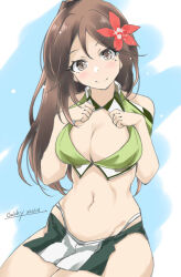 Rule 34 | 1girl, amagi (kancolle), breasts, brown eyes, brown hair, cleavage, crop top, dress, gakky, hair ornament, high ponytail, kantai collection, large breasts, leaf hair ornament, long hair, looking at viewer, midriff, mole, mole under eye, one-hour drawing challenge, pleated dress, sidelocks, smile, solo, wide ponytail