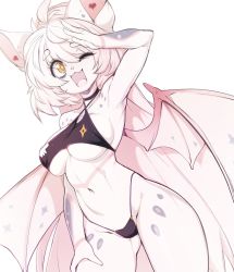Rule 34 | + -, 1girl, ;d, animal ears, armpits, bikini, black bikini, breasts, commentary, commentary request, demon wings, english commentary, fang, hand up, heart, highres, large breasts, looking at viewer, navel, one eye closed, open mouth, original, short hair, simple background, skin fang, slugbox, smile, solo, swimsuit, thick eyebrows, thighs, underboob, white background, white hair, wings, yellow eyes