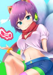 Rule 34 | 1girl, absurdres, ahri (league of legends), alternate costume, animal ears, arcade ahri, bra, bracelet, breasts, cleavage, fox ears, fox tail, headphones, highres, jewelry, league of legends, looking at viewer, midriff, mole, mole under eye, multiple tails, nail polish, nanabe, navel, purple eyes, purple hair, red scarf, scarf, short hair, smile, solo, tail, thighhighs, underwear