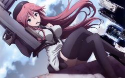 Rule 34 | 10s, 1girl, asami lilith, blue eyes, breasts, covered erect nipples, female focus, furuya kouji, gun, large breasts, long hair, red hair, resized, solo, thighhighs, trinity seven, weapon